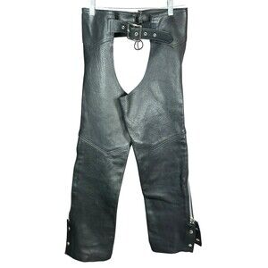 Unisex Black Leather Motorcycle Chaps XS Suede Lined Genuine‎ Cowhide Biker USA